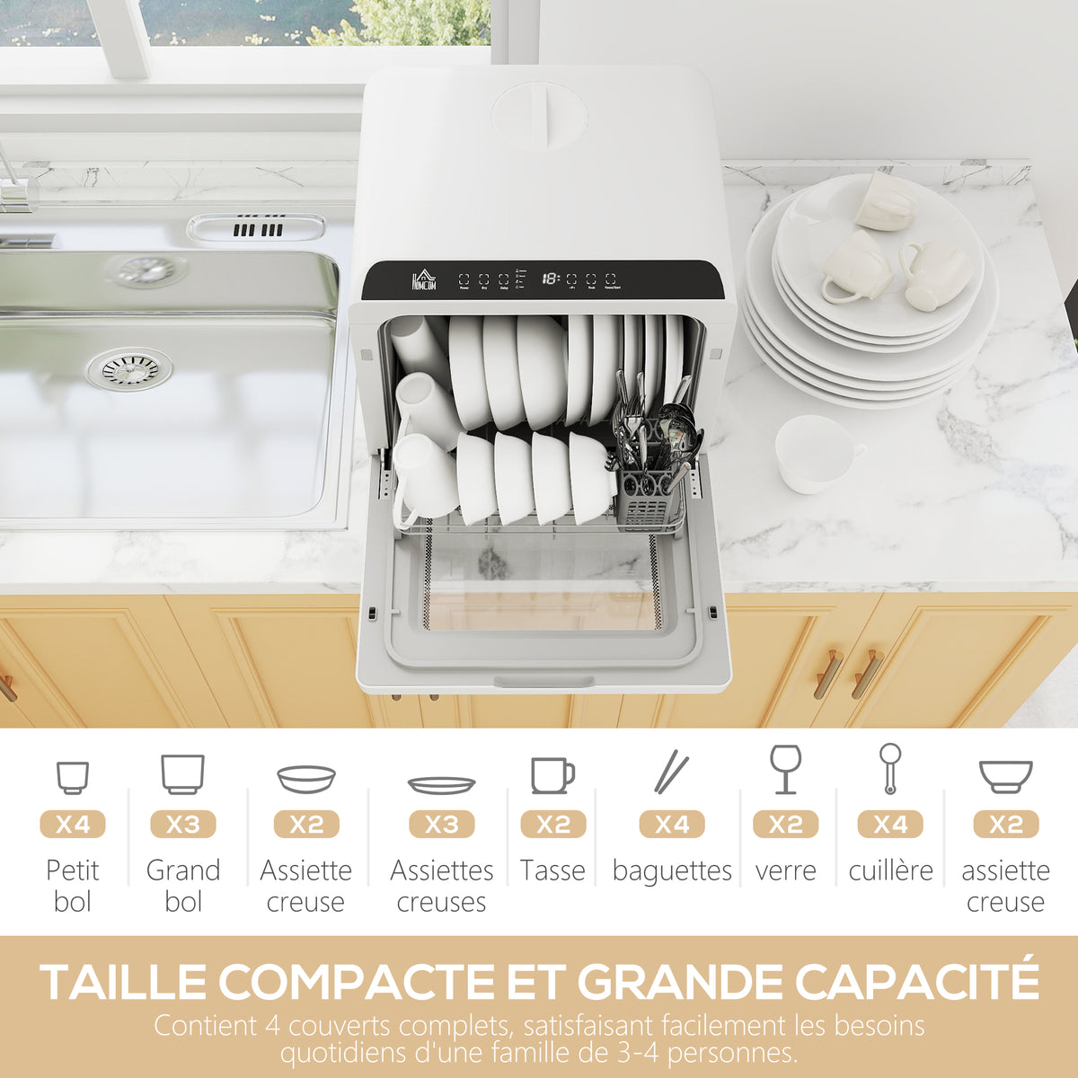 Mini lave-vaisselle compact 4 couverts, lave-vaisselle de table, 6 programmes, commandes tactiles, réservoir 6 L, blanc