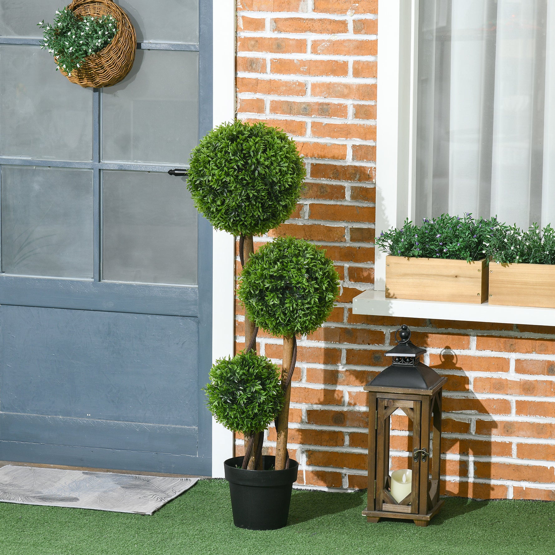 Arbre artificiel buis avec 3 boules feuilles de bambou pot inclus intérieur et extérieur hauteur 110 cm vert