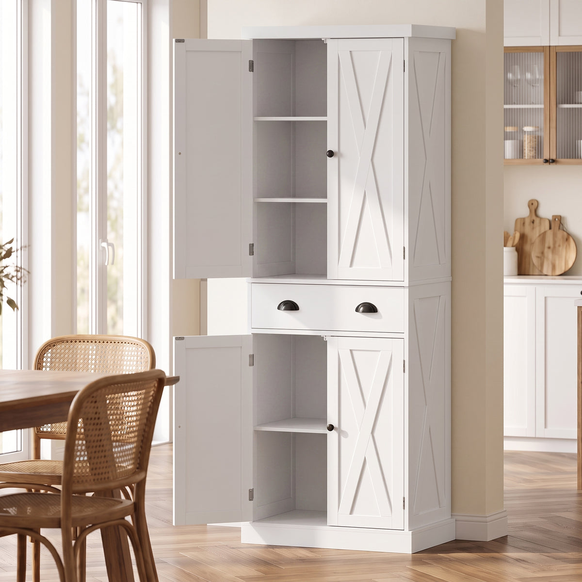 Aparador alto de cocina, armario de cocina con 4 puertas, cajón y estantes ajustables, estilo rústico, 62x38x173cm, blanco