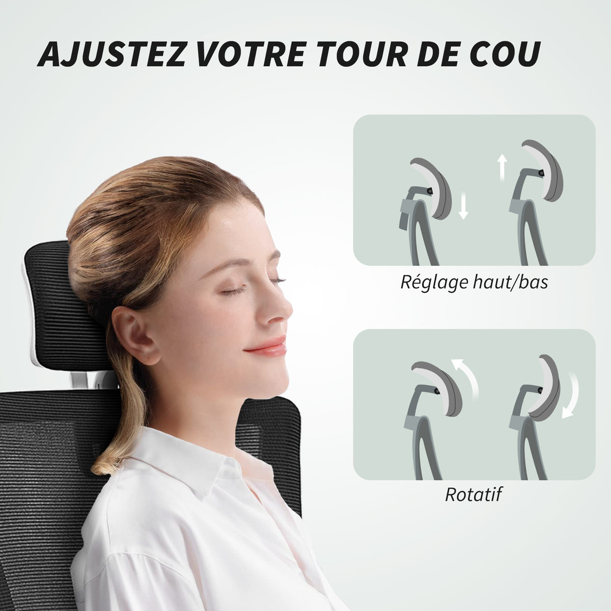 Chaise bureau ergonomique, fauteuil de bureau, accoudoirs relevables, soutien lombaire, appui-tête, 60x63x120cm, noir