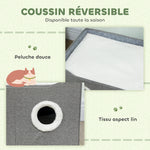 Niche Chat Interieur Pliable avec Griffoir, Lit Surélevé, Entrées, Jouet Suspendu, Coussin Réversible, 60x40x34cm, Gris