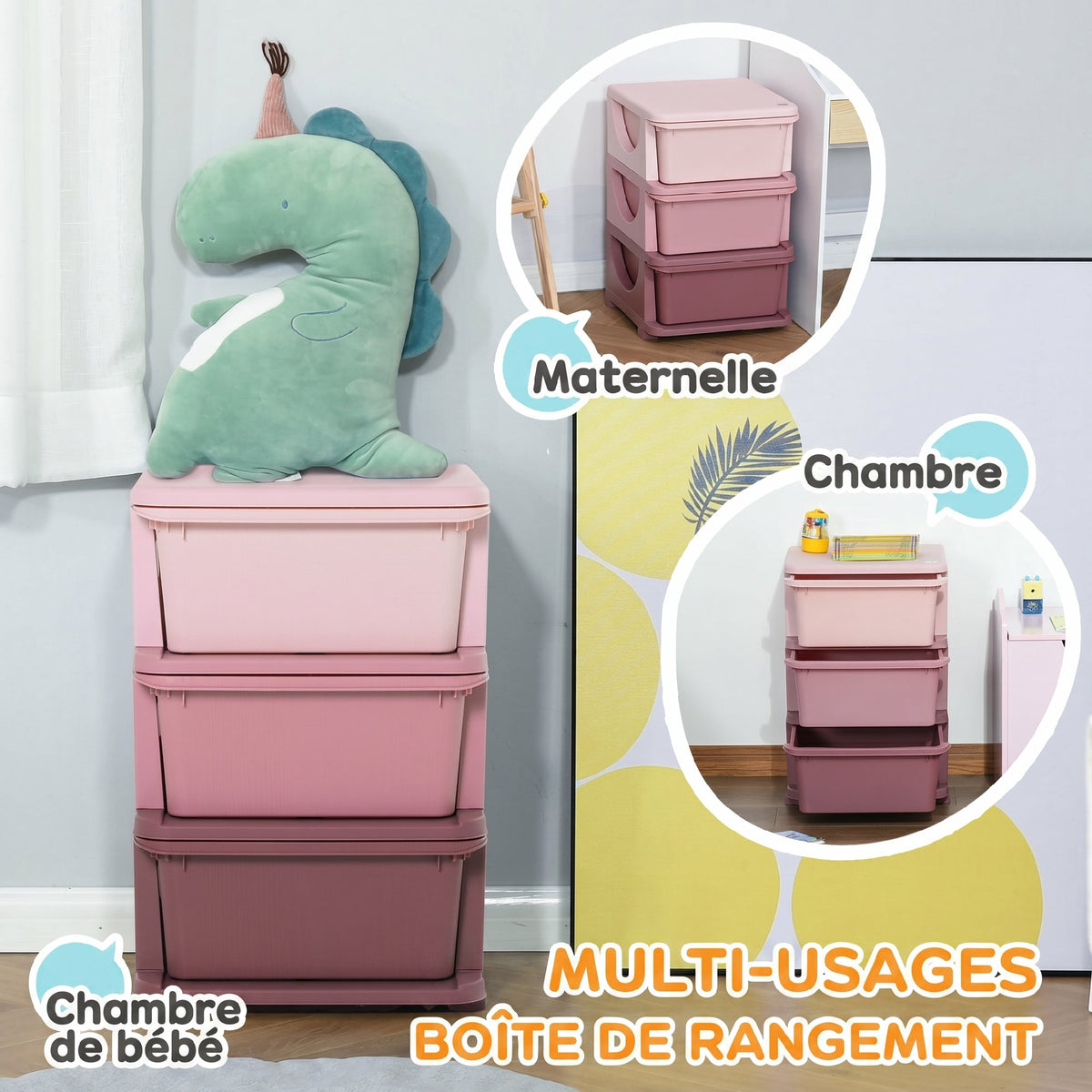 Organisateur de jouets pour enfants avec tiroirs à 3 niveaux, boîtes de rangement en plastique, 37 x 37 x 56,5 cm, rose