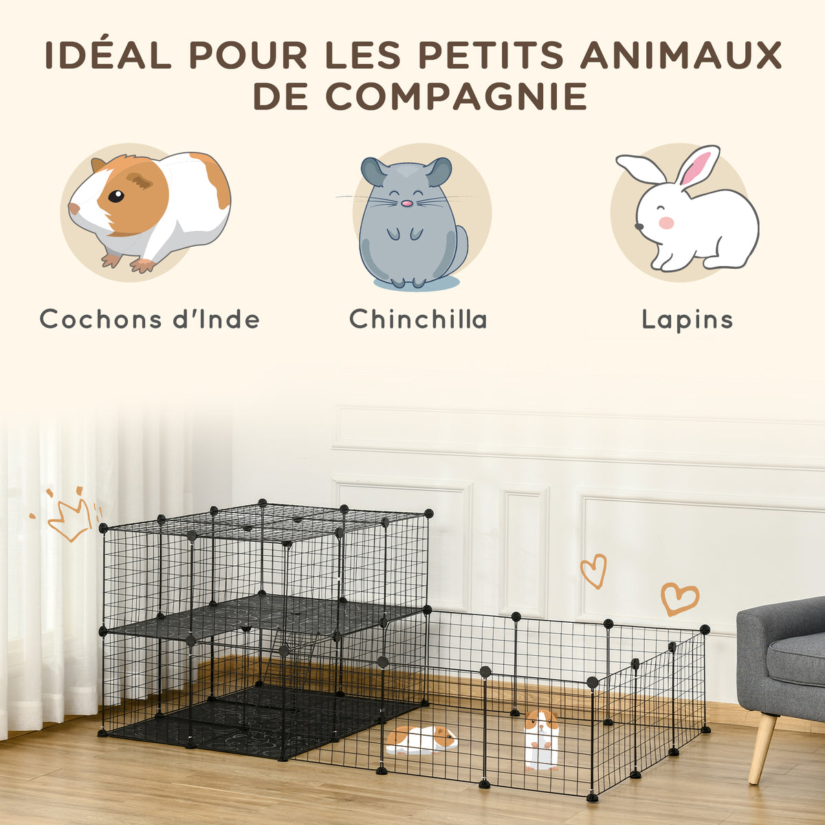 Parc enclos modulable DIY, 2 niveaux, enclos pour petits animaux, hamsters, lapins, cochon d'inde, panneaux grillagés, 45 panneaux, 175 x 105 x 70 cm, noir
