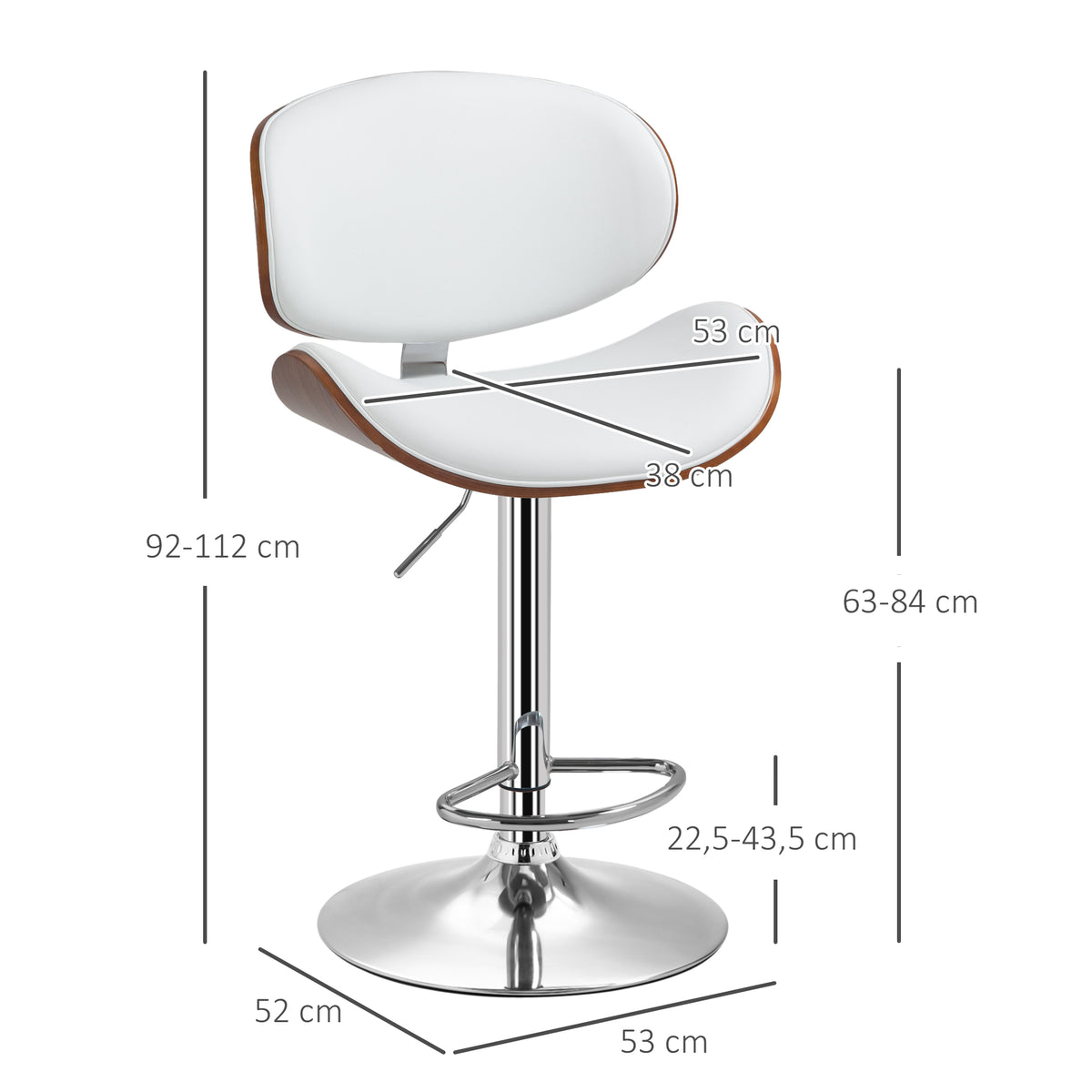 Set of 2 adjustable height bar stools, synthetic upholstery, 53 x 52 x 92-112 cm, white