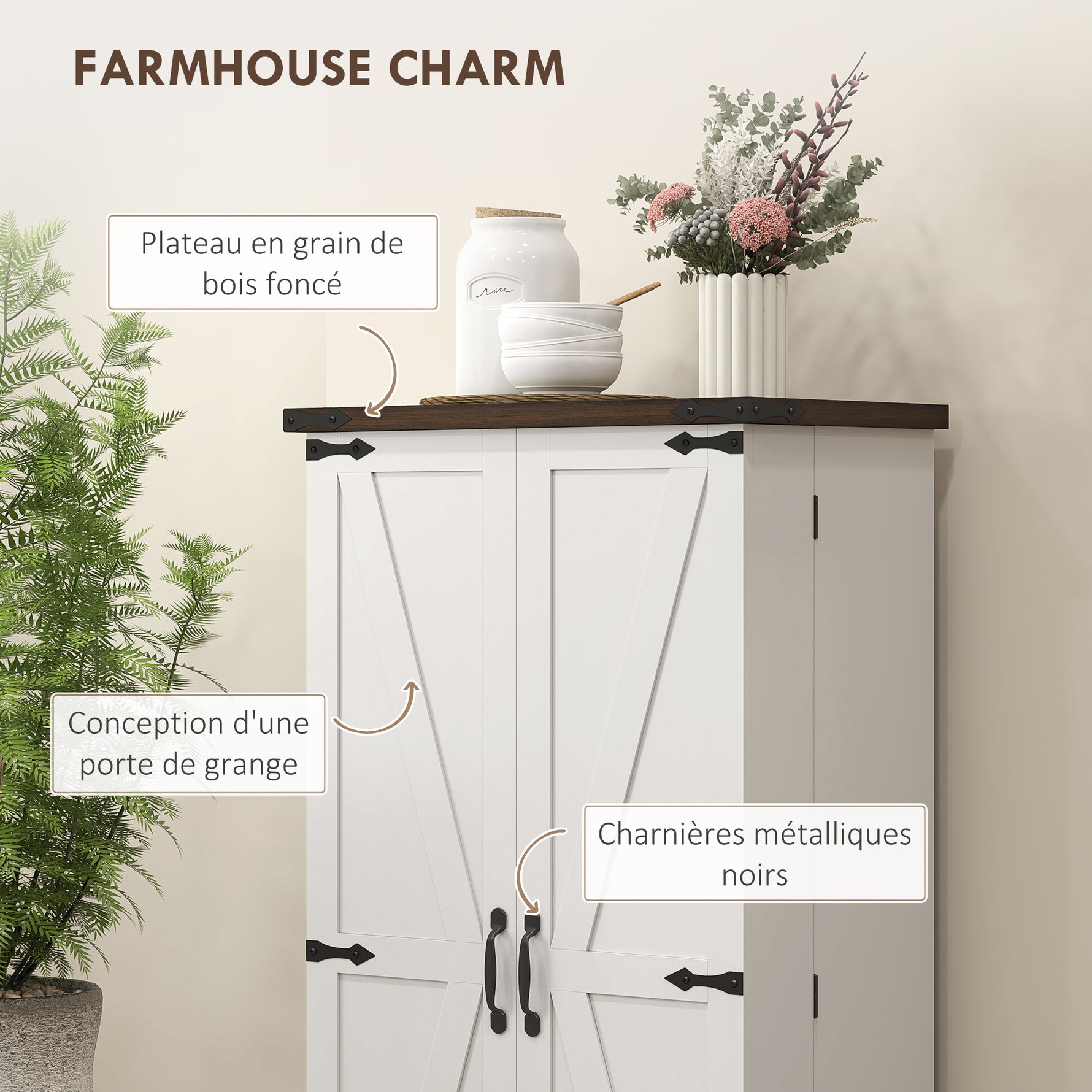 Buffet cuisine, meuble cuisine rangement, avec 12 étagères à portes, lumière LED magnétique, 60 x 40 x 120 cm, blanc