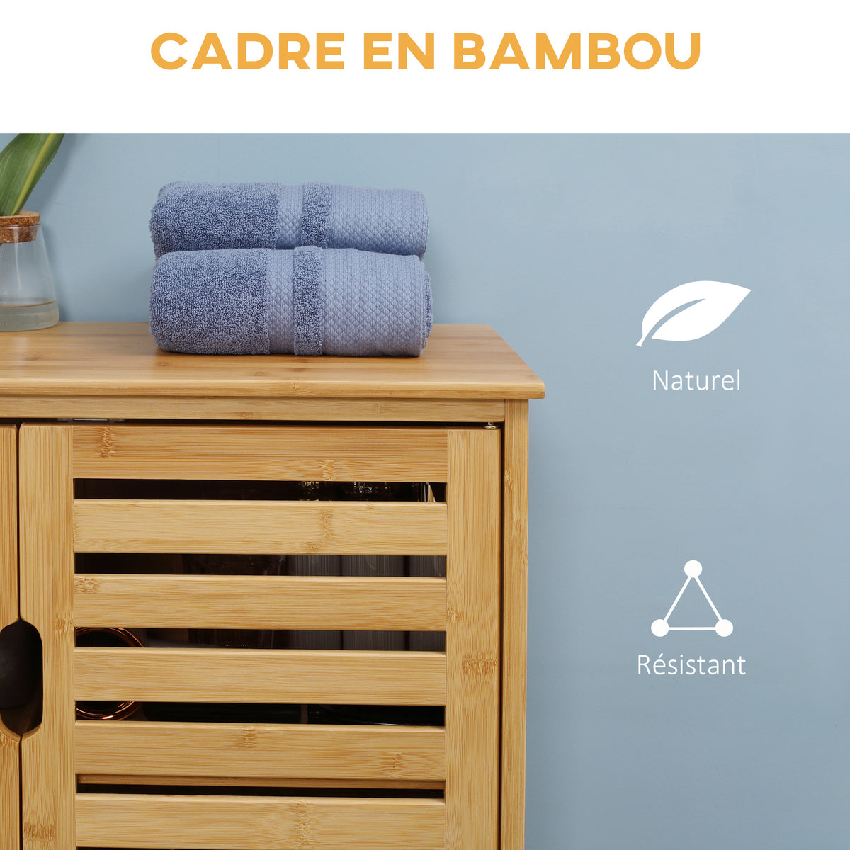 Meuble salle de bain en bambou armoire salle de bain sur pied avec double porte à lattes, 68 x 32 x 86 cm, naturel