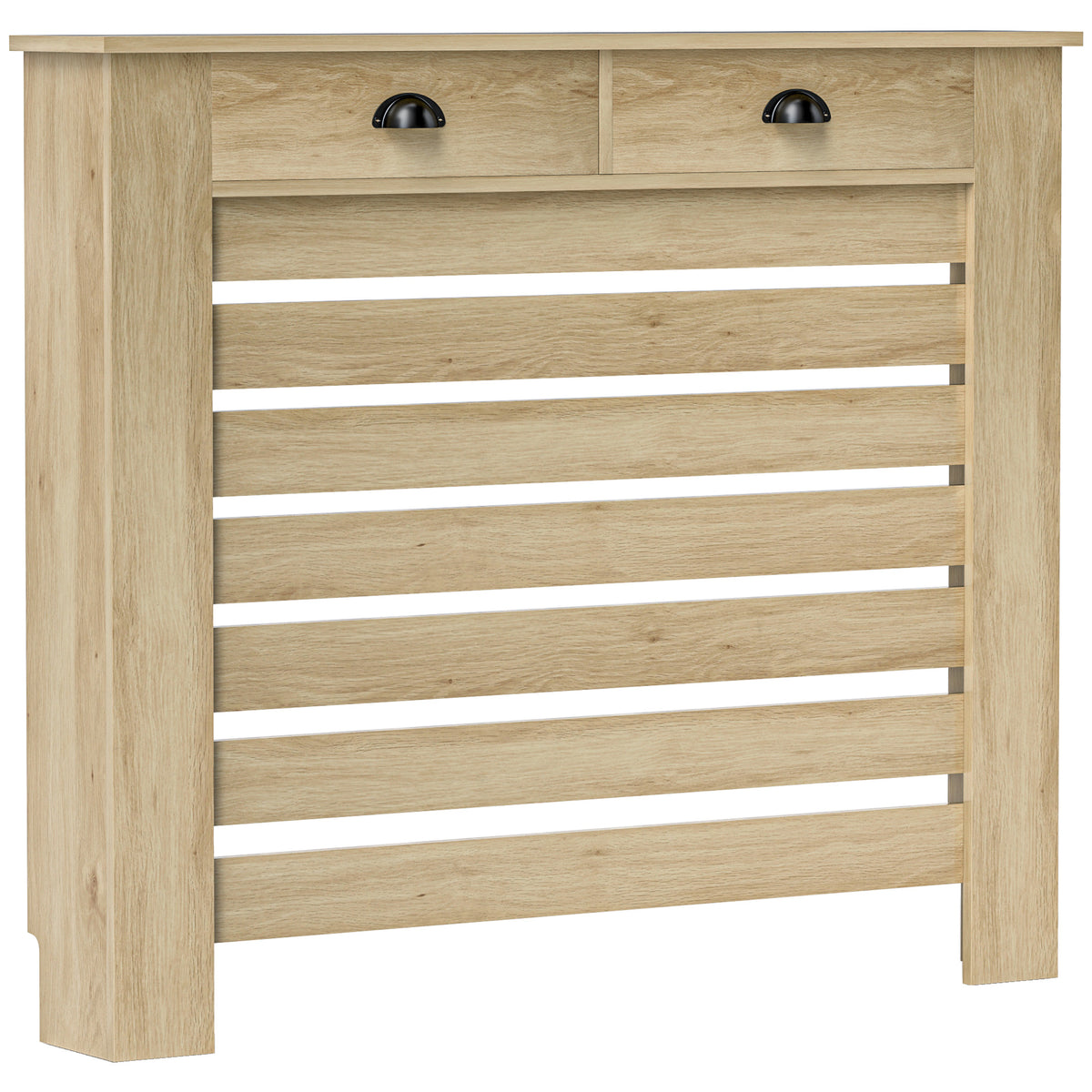 Heizkörperverkleidung mit horizontalen Lamellen und 2 Schubladen aus Holz 111L x 19T x 95,5H cm Eiche