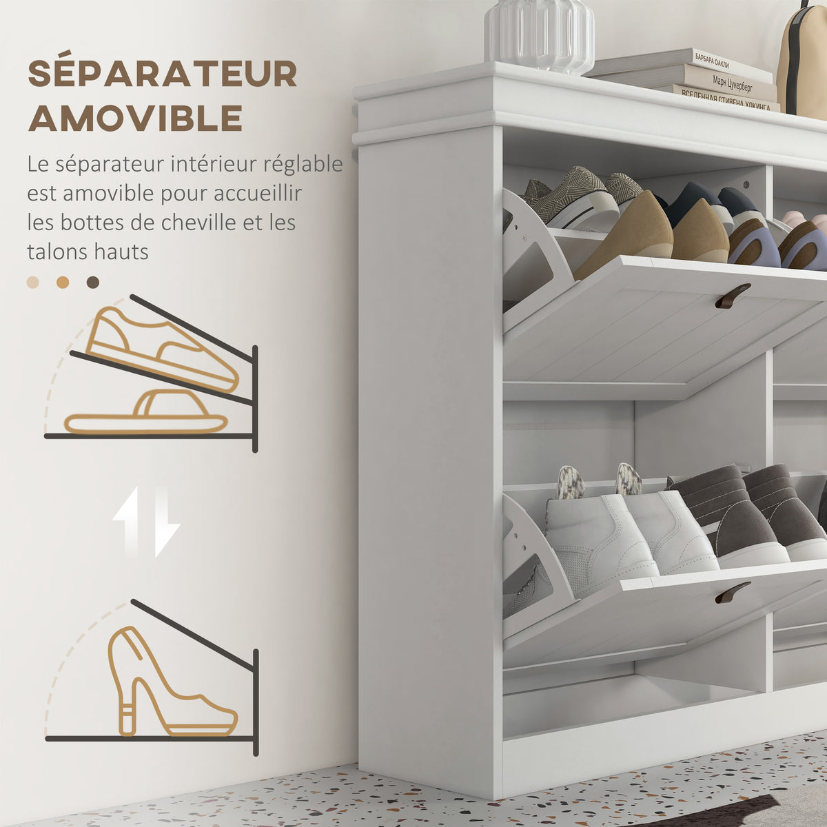 Meuble à chaussures 20 paires, armoire à chaussures, 4 tiroirs rabattables, étagères réglables, 105x24x82,5cm, blanc
