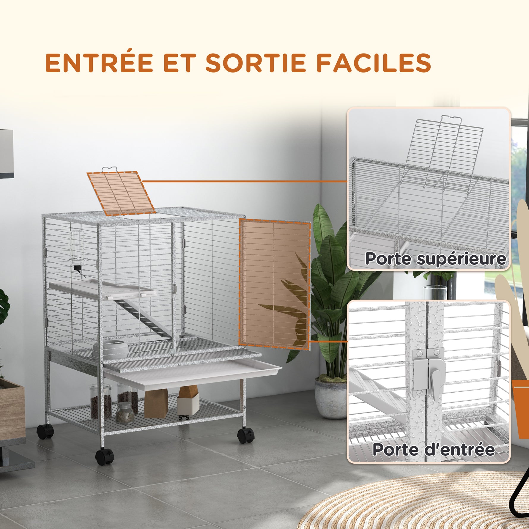 Cage pour petits animaux sur roulettes 2 niveaux avec 2 portes, 1 rampe, 1 étagère de rangement 61,5 x 44,5 x 86 cm gris