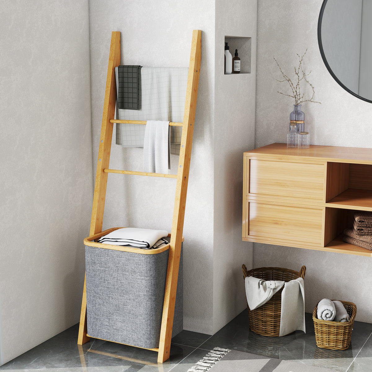 Bamboo towel rack with laundry basket, towel ladder with 1 laundry basket, 43 x 35 x 133 cm, gray