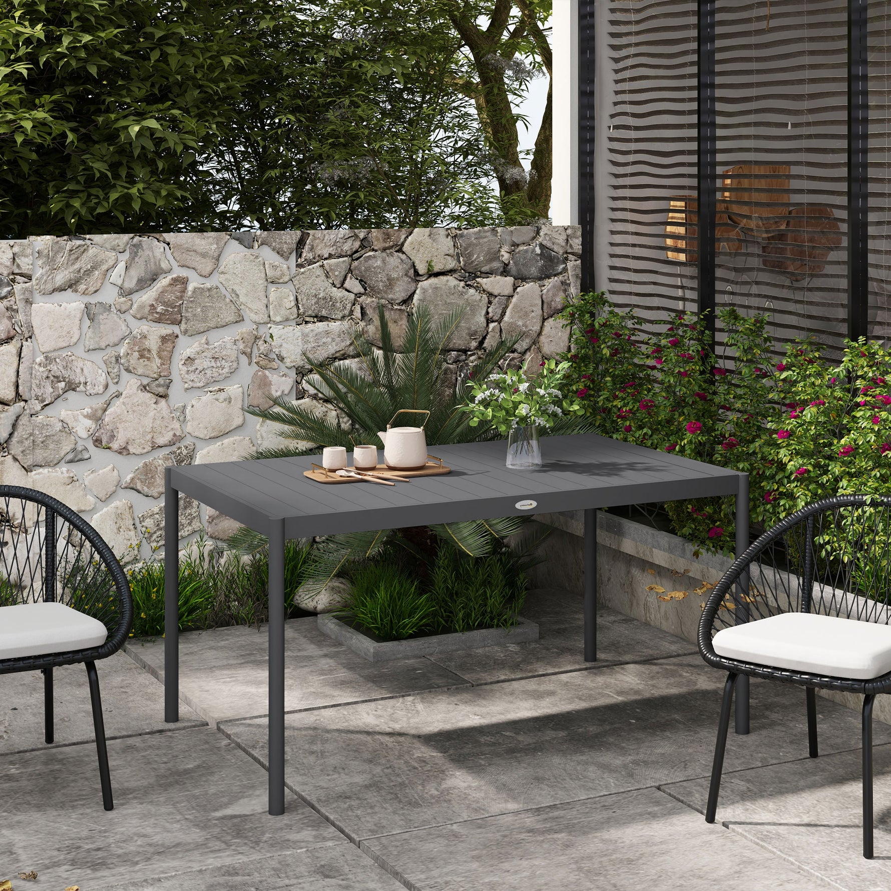 Table de jardin rectangulaire pour 6 personnes en aluminium plateau à lattes dim. 145L x 90l x 74H cm gris