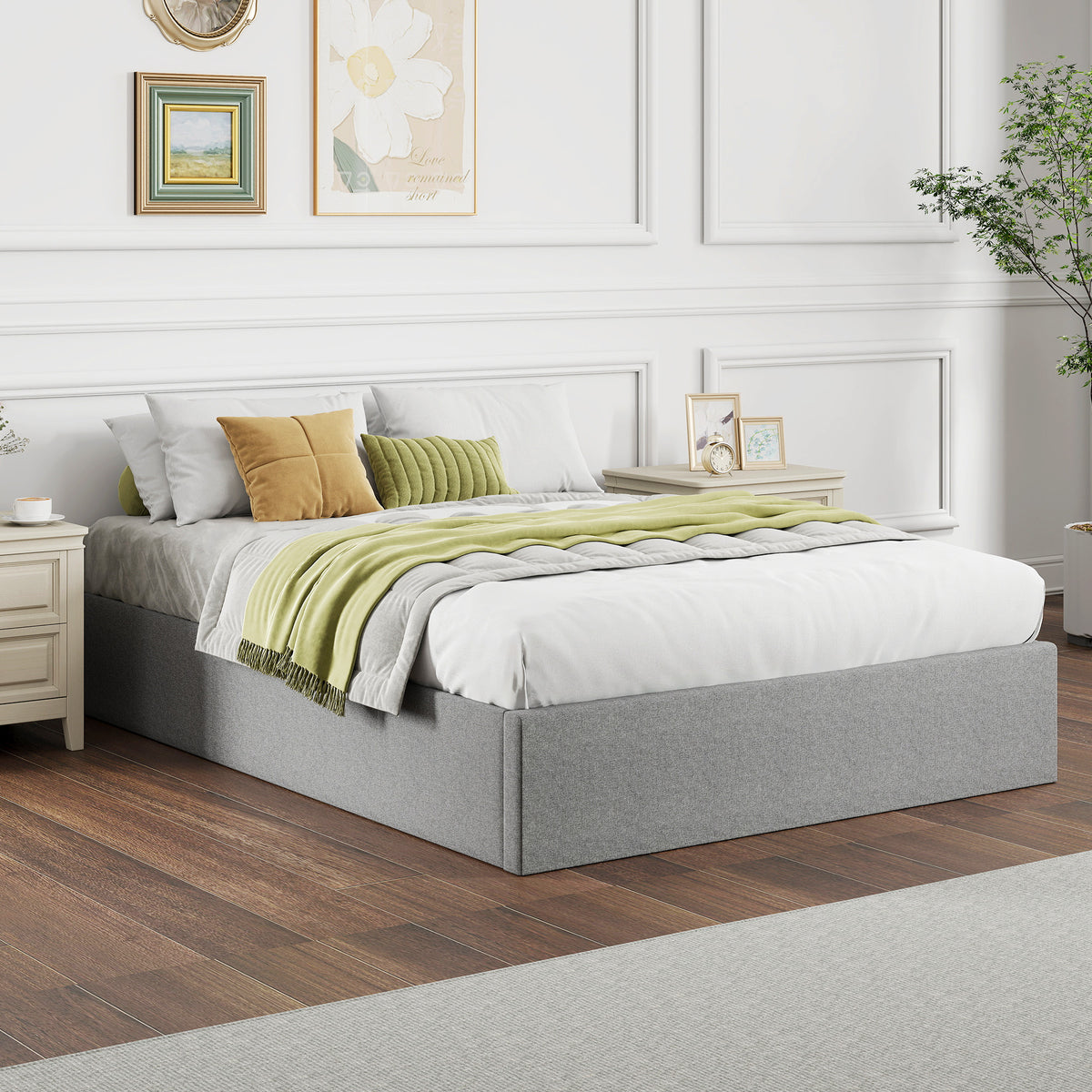 Lit coffre 140 x 190 cm, cadre de lit double rembourré, sommier à lattes en bois, rangement caché, sans bruit, gris