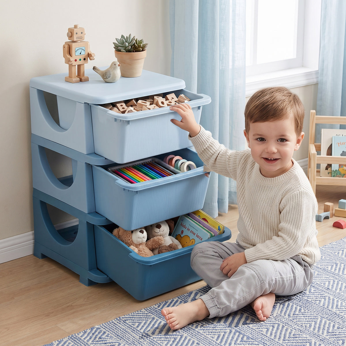 Organisateur de jouets pour enfants avec tiroirs à 3 niveaux, boîtes de rangement en plastique, 37 x 37 x 56,5 cm, bleu