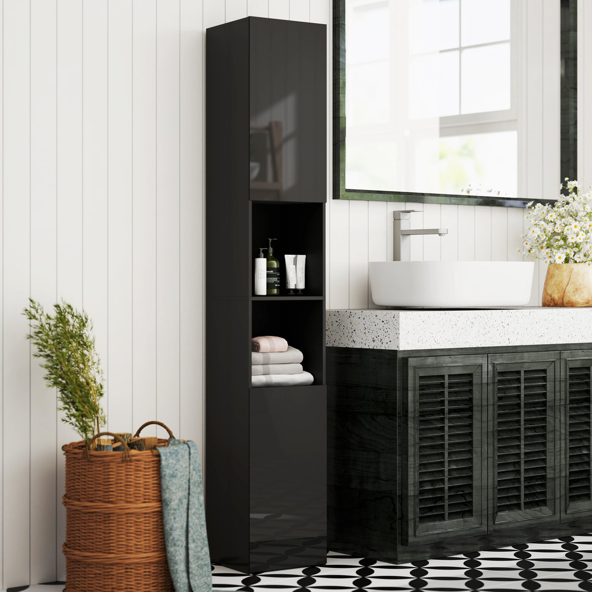 Meuble colonne de salle de bain 2 placards avec étagères réglables + 2 niches 30 x 30 x 181,5 cm noir