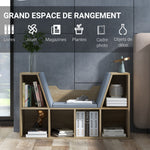 Bibliothèque Banc 2 en 1 Design Contemporain 6 casiers 3 Coussins fournis 102L x 30l x 61H cm Chêne Gris