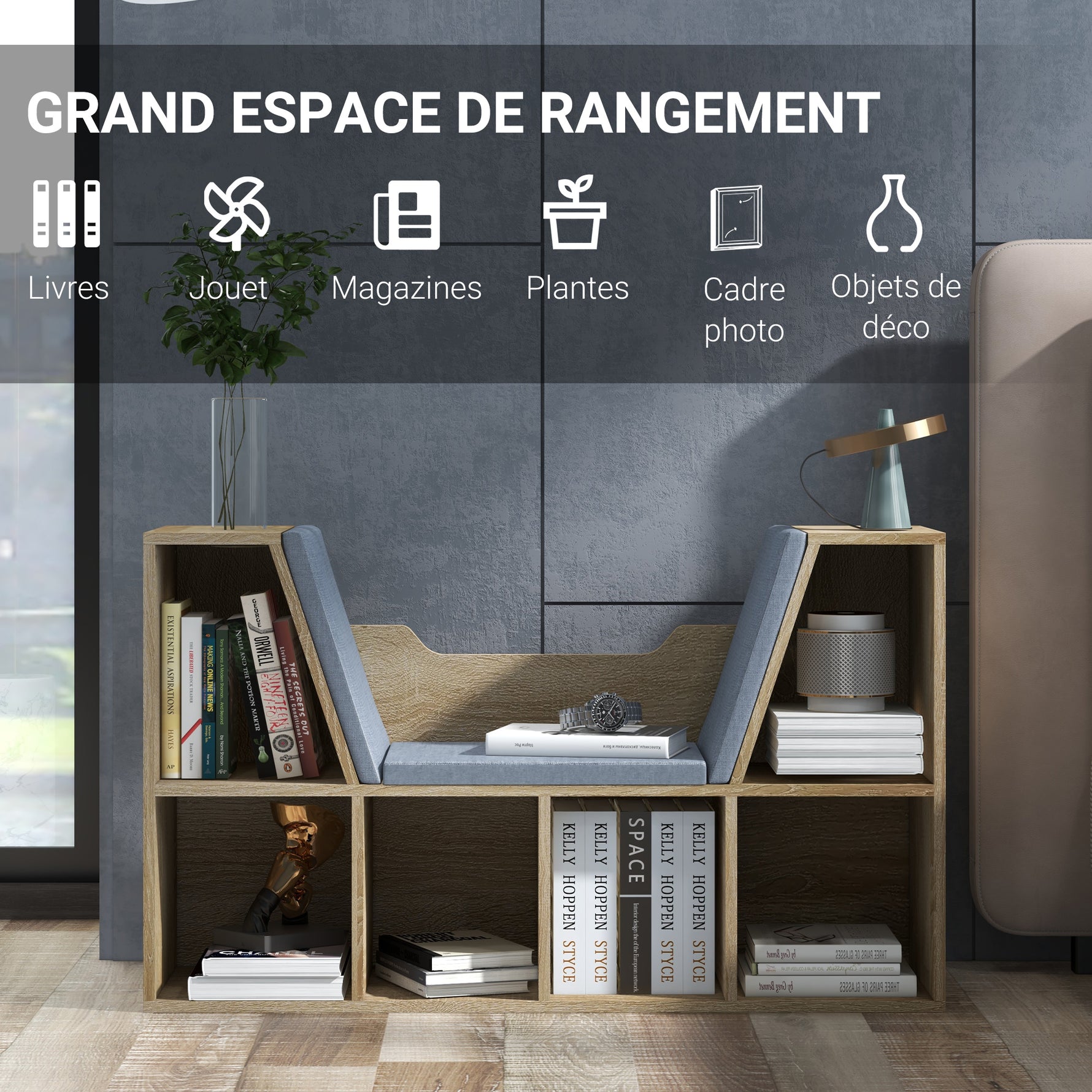 Bibliothèque Banc 2 en 1 Design Contemporain 6 casiers 3 Coussins fournis 102L x 30l x 61H cm Chêne Gris