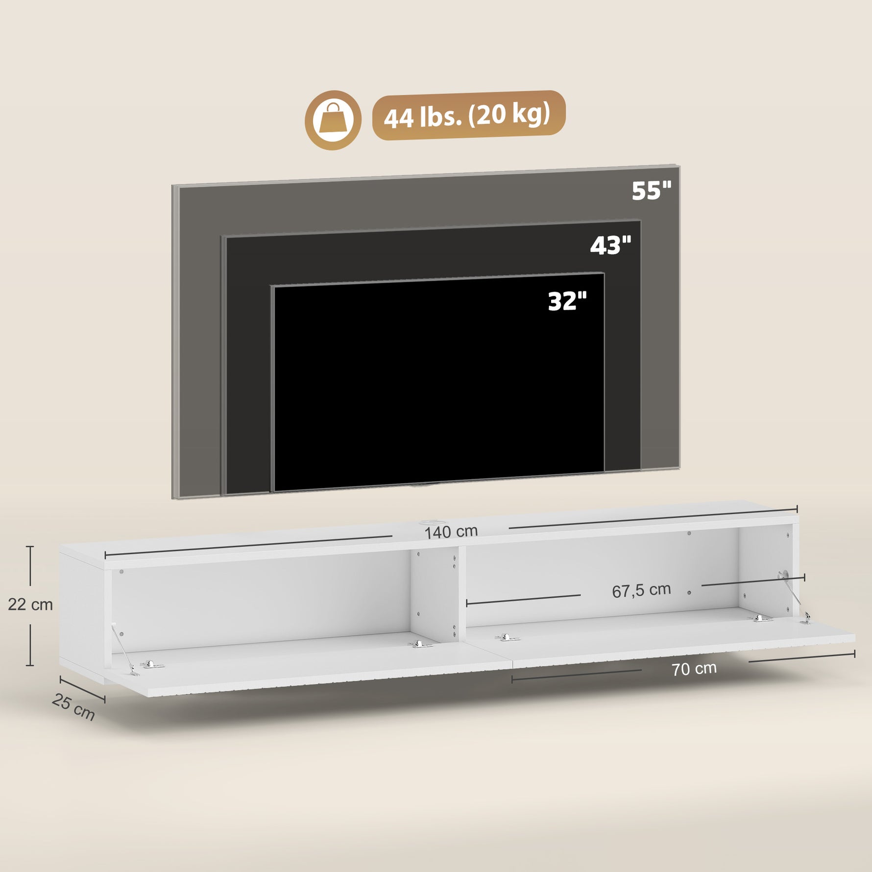 Meuble TV suspendu 140cm, meuble télé pour téléviseur 72 pouces, 2 portes rabattables, 140x25x22cm, blanc
