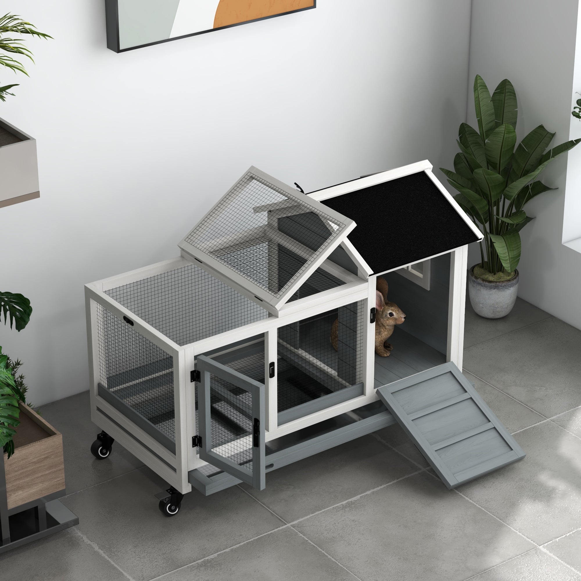 Clapier cage à lapins rongeurs sur roulettes 2 portes verrouillables - dim. 108L x 58l x 73,5H cm - bois massif