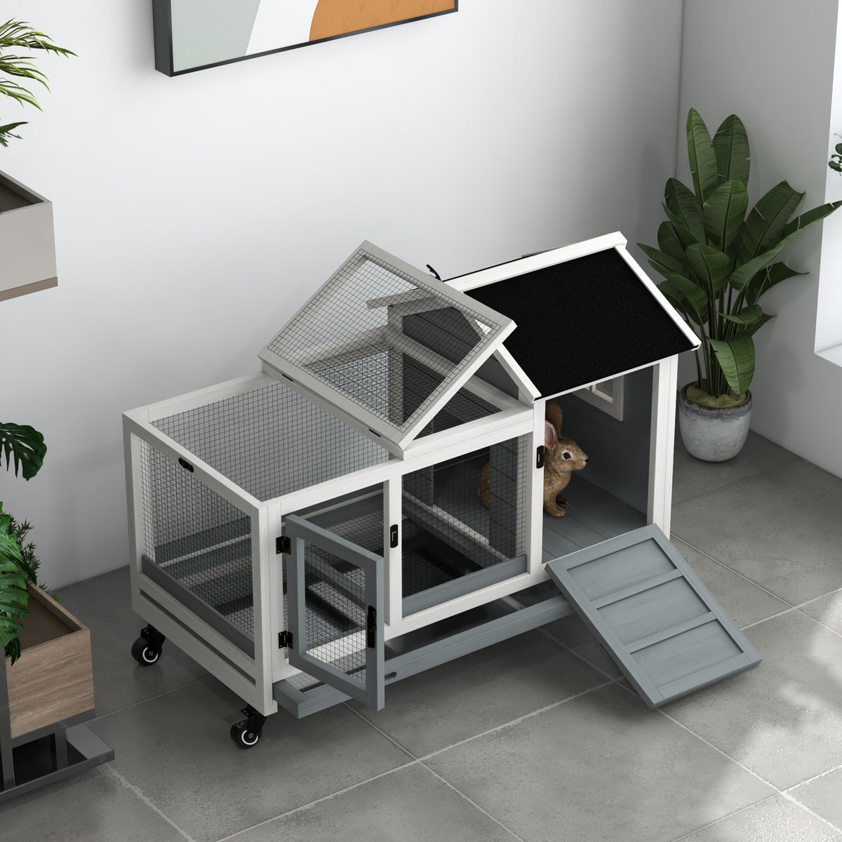 Clapier cage à lapins rongeurs sur roulettes 2 portes verrouillables - dim. 108L x 58l x 73,5H cm - bois massif
