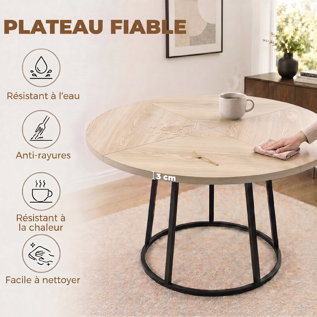 Table à Manger Ronde pour 4 à 6 Personnes, Ø 120 x 75 cm, Table de Cuisine avec Piétement Conique en Métal, Bois Naturel