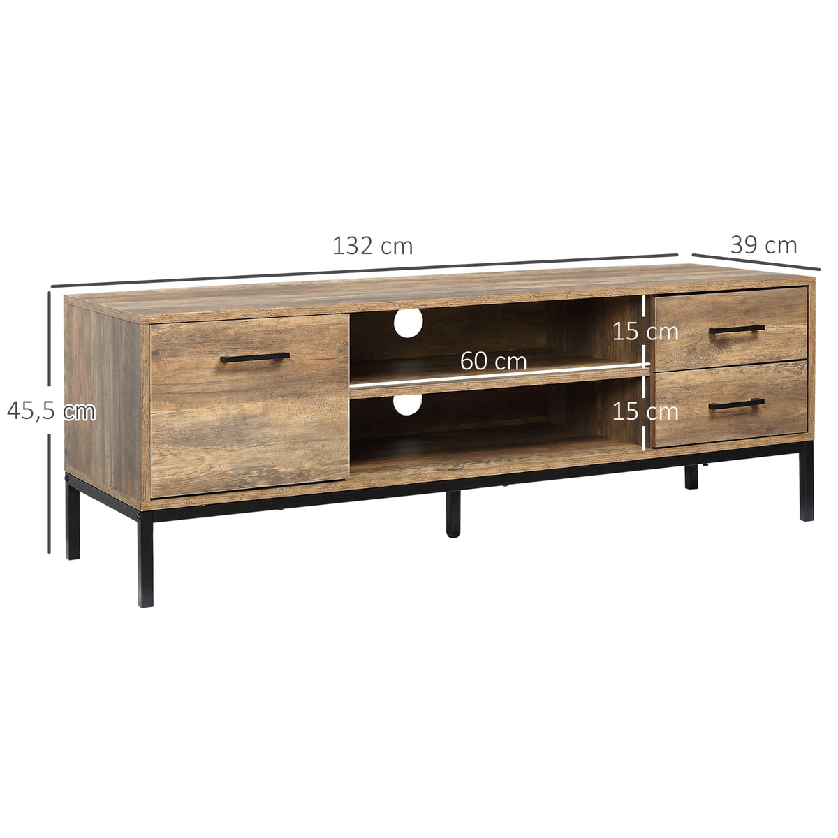 Meuble TV banc TV jusqu'à 50 pouces placard, 2 tiroirs et étagère - 2 passe-câbles - 132 x 39 x 45,5 cm marron noir