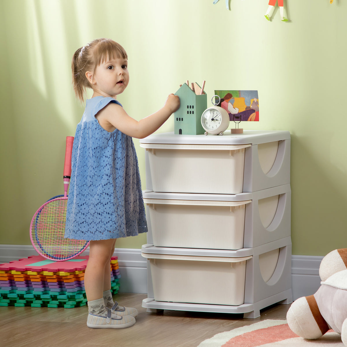 Organisateur de jouets pour enfants avec tiroirs à 3 niveaux, boîtes de rangement en plastique, 37 x 37 x 56,5 cm, crème