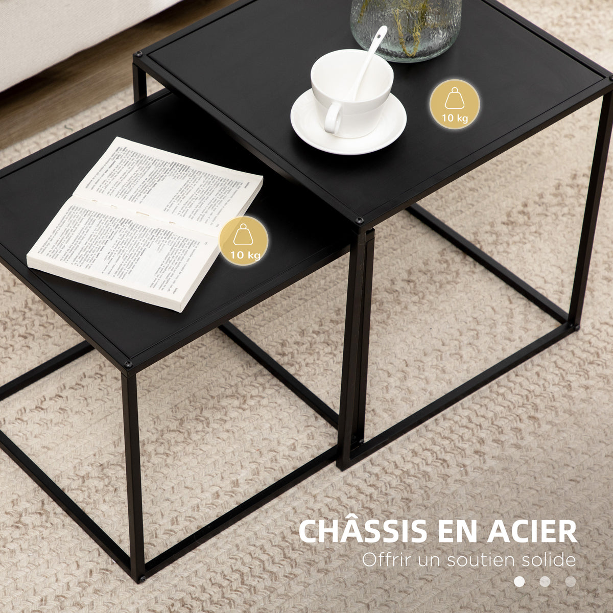 Lot de 2 tables basses gigognes carrées style industriel en métal noir mat - dim. 40 et 35 cm