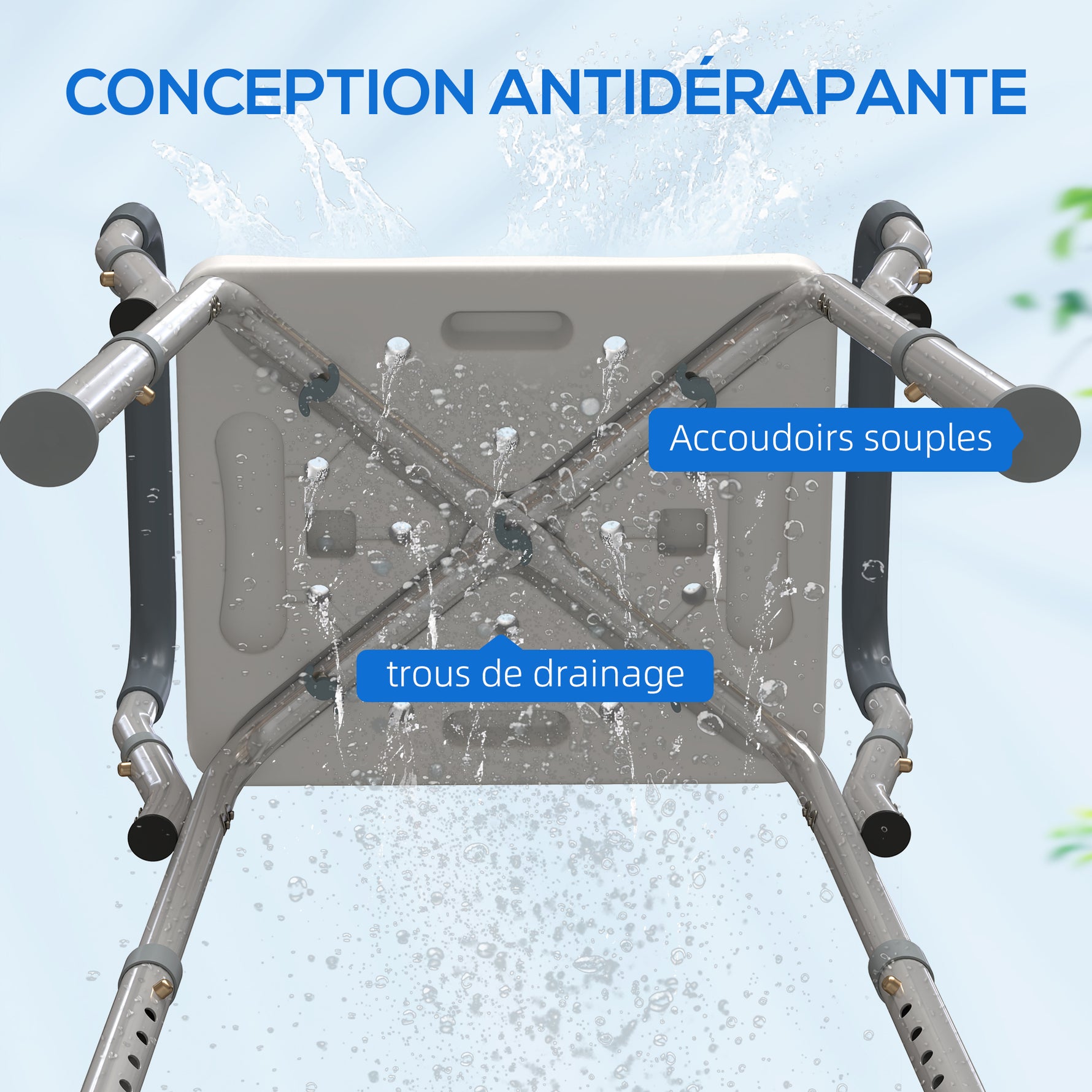 Tabouret de douche pour personnes âgées et handicapées avec accoudoirs, hauteur réglable, patins antidérapants, bleu