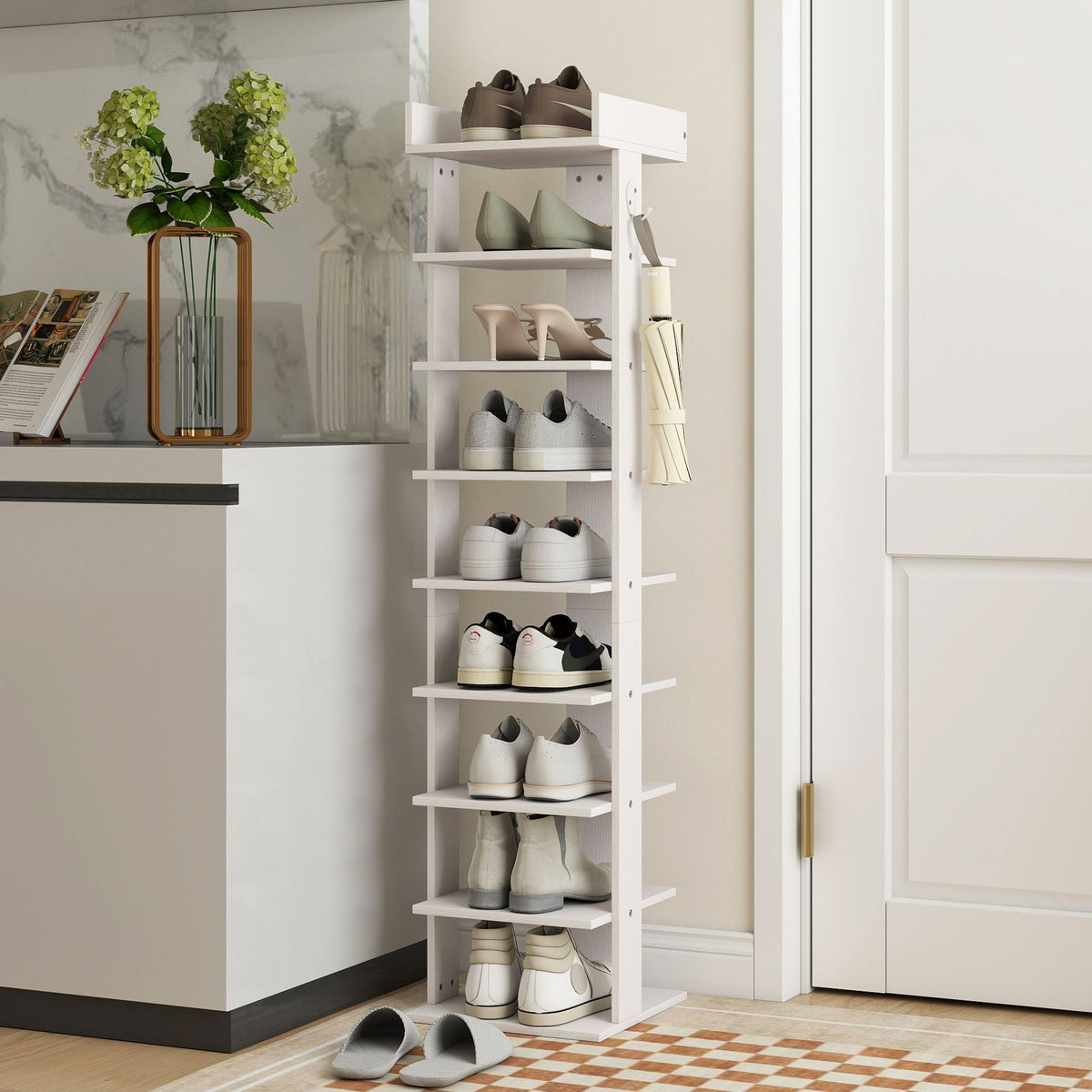 Étagère chaussure à 9 niveaux, range-chaussure jusqu'à 9 paires avec plateau supérieur, 2 crochets, 30x30x128,4cm, blanc