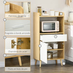 Meuble desserte de cuisine pour micro-ondes avec placard tiroir étagère réglable 58 x 40 x 118 cm naturel et blanc