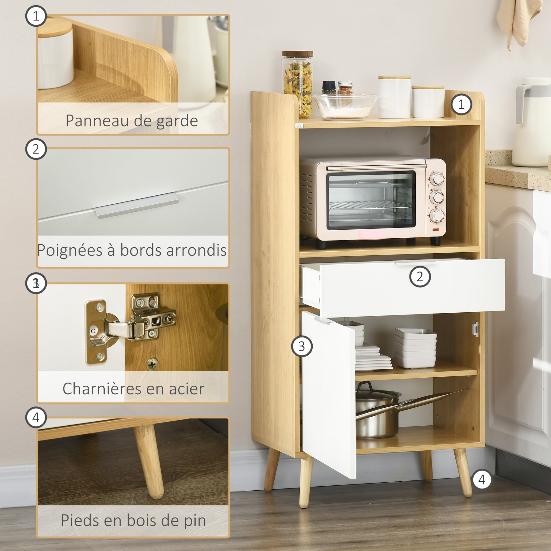 Meuble desserte de cuisine pour micro-ondes avec placard tiroir étagère réglable 58 x 40 x 118 cm naturel et blanc