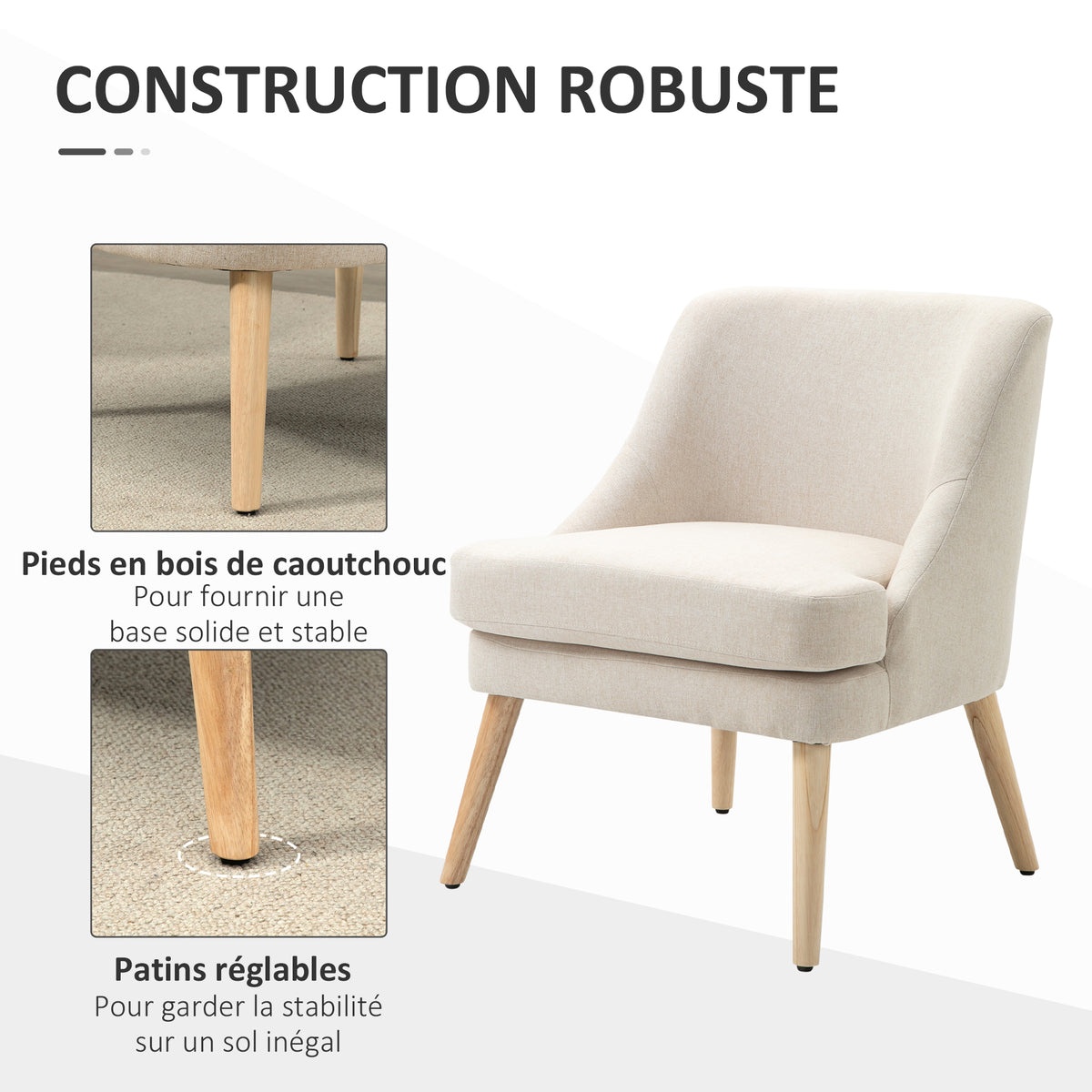 Fauteuil Scandinave Confortable pour Salon et Chambre, Pieds en Bois Massif, Revêtement en Tissu Lin, Beige