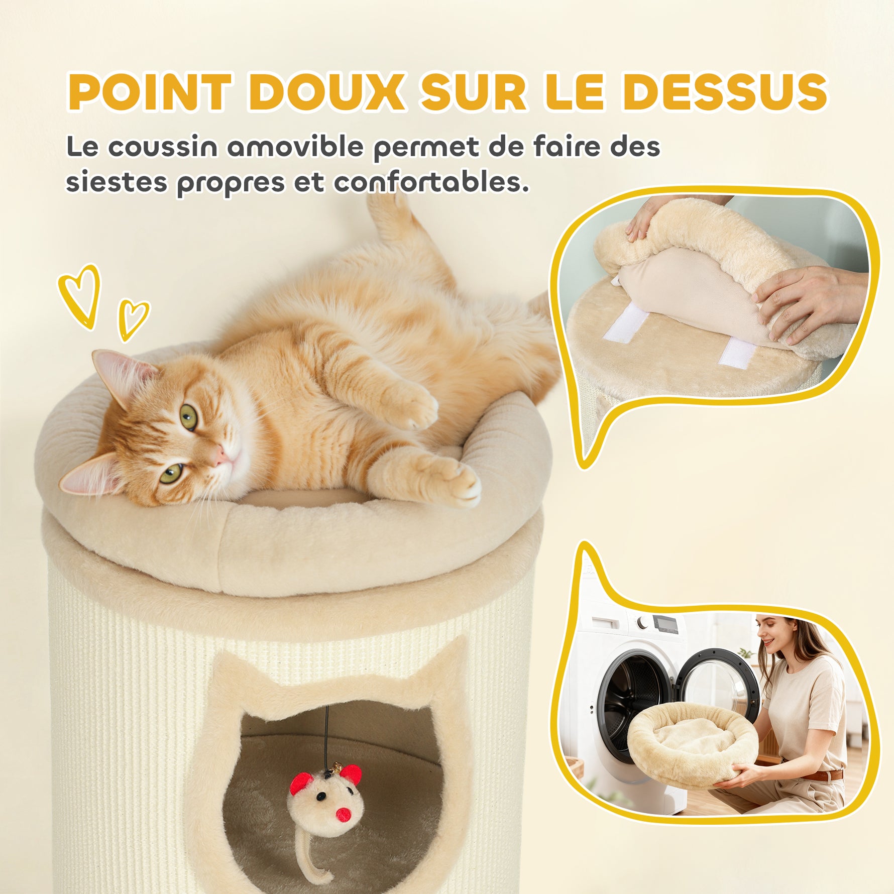 Tonneau à gratter, tour à griffer en sisal et bord en peluche, 3 niveaux avec plate-forme, stable, Ø 38 x 96 cm crème