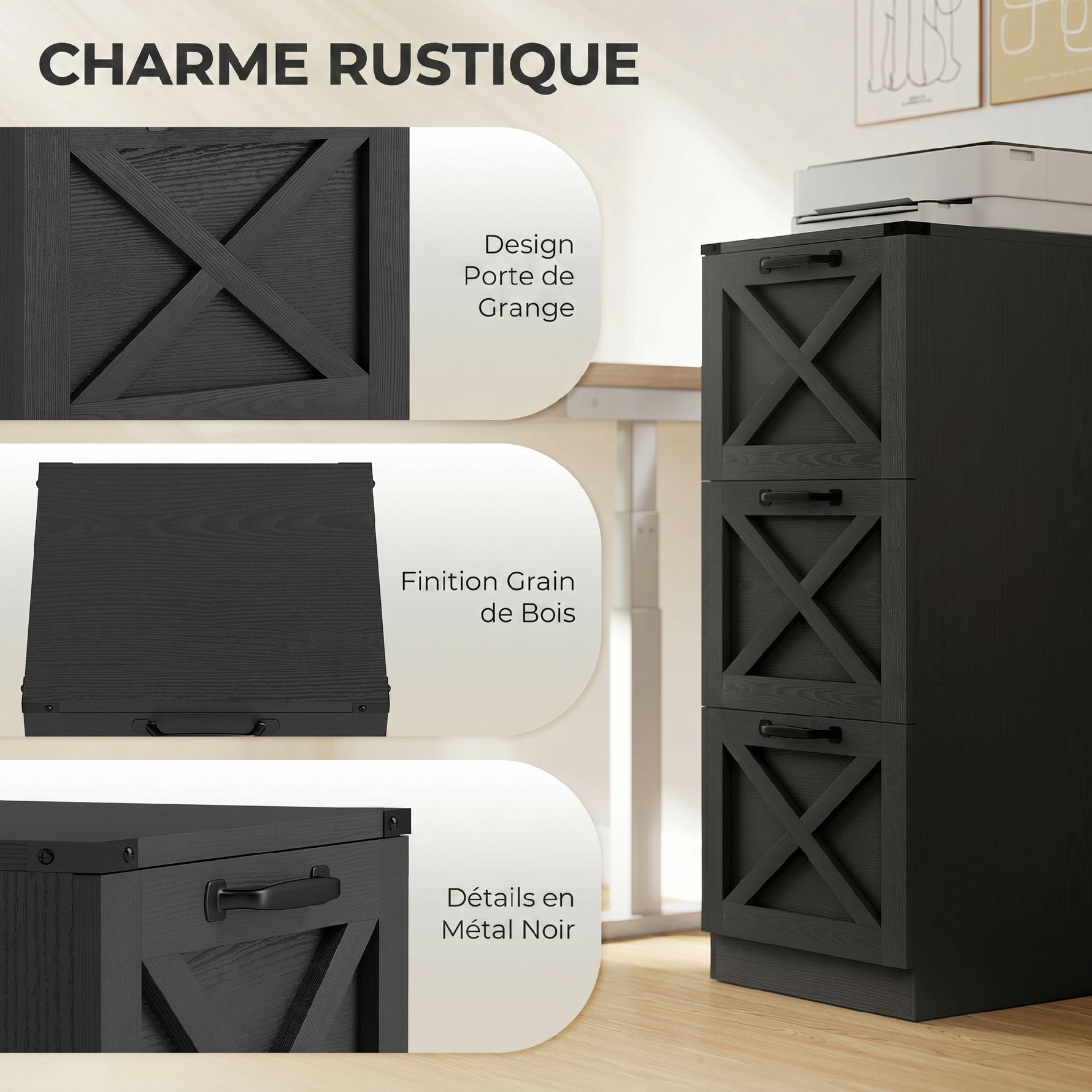 Caisson de Bureau avec 3 Tiroirs, Dossiers Suspendus pour Formats Lettre/A4, Style Rustique, 40x40x101cm, Noir
