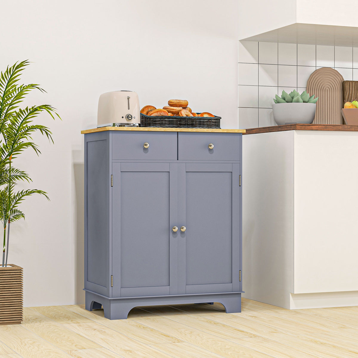 Opbergmeubel dressoir woonkamer met kasten, 2 lades en verstelbare planken, 68x40,3x85cm, grijs en naturel hout