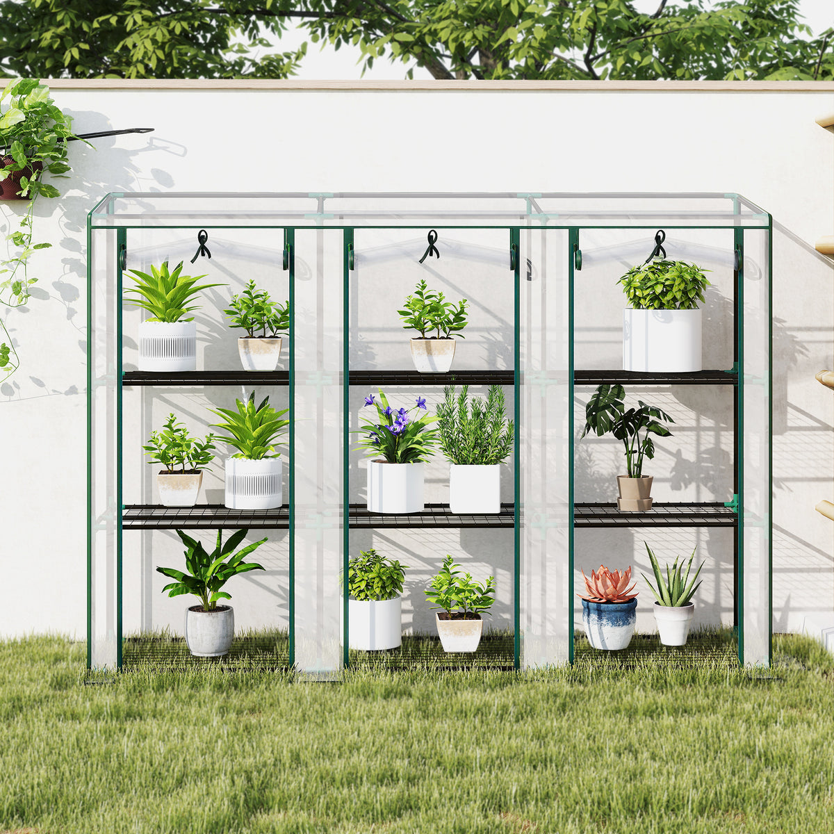 Serre de jardin avec étagères à 3 niveaux serre de balcon 3 portes enroulables zippées 215 x 46 x 151 cm transparent