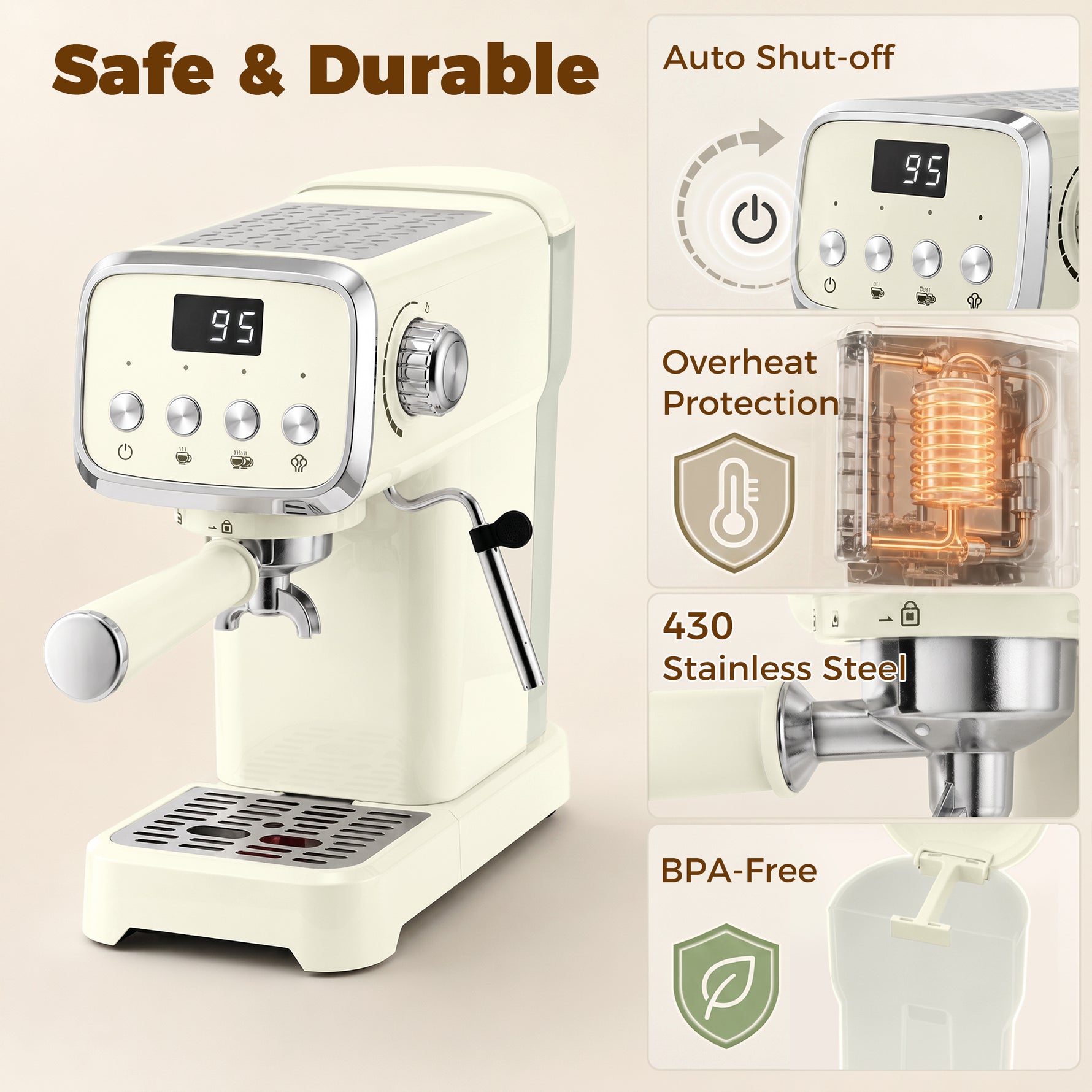 Machine à Expresso avec Buse Vapeur à Mousse de Lait, Cafetière 20Bars, Réservoir d'Eau Amovible 1,2 L, Crème