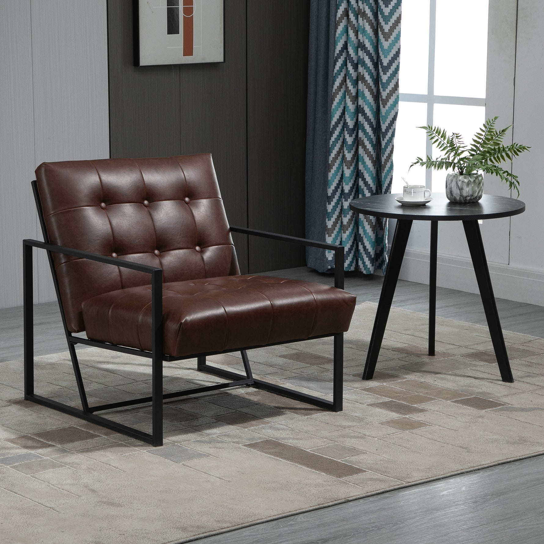 Fauteuil de salon Chesterfield Fauteuil Relax Assise Dossier capitonnés Structure métal Noir revêtement synthétique Chocolat