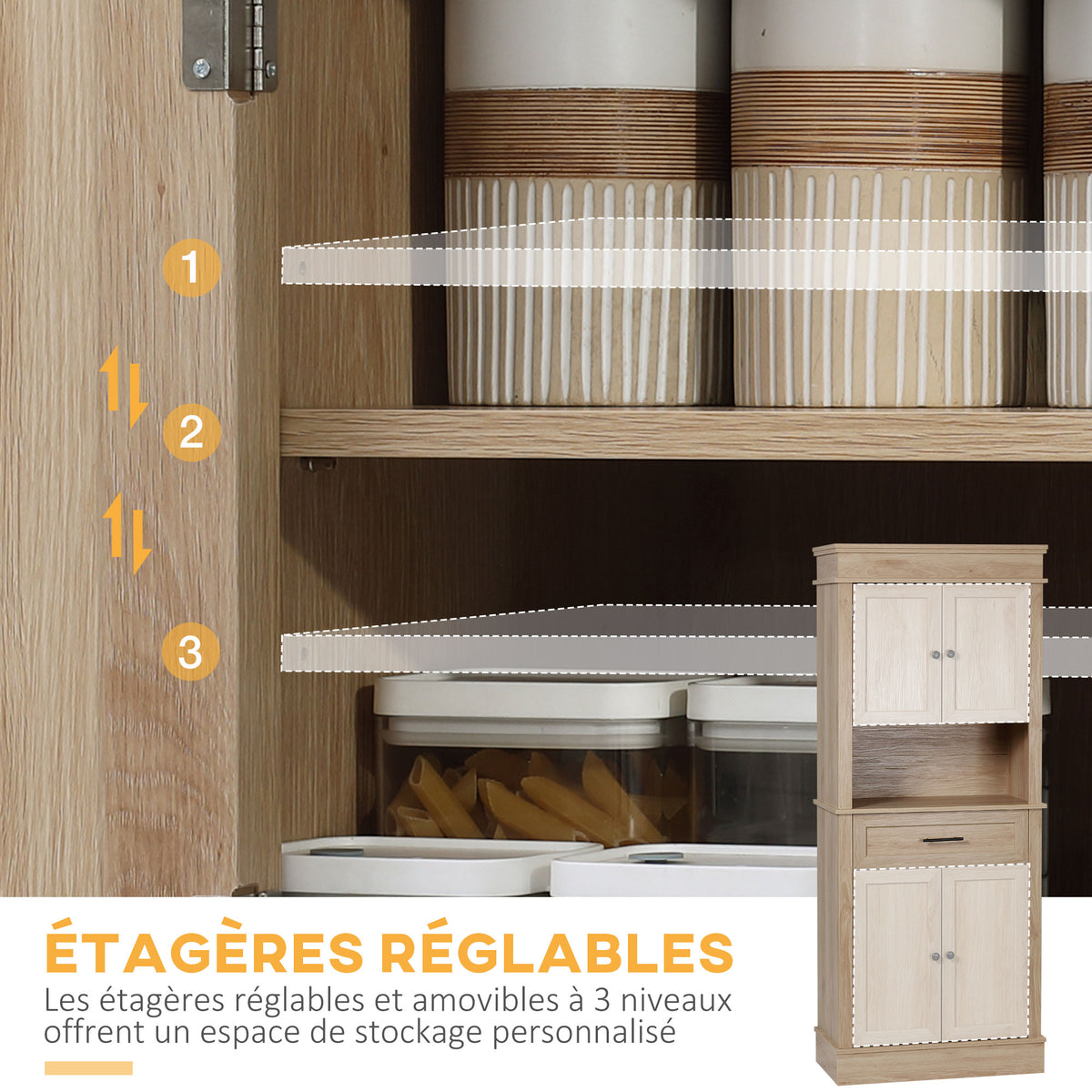 Armoire de cuisine buffet cuisine vaisselier meuble de rangement style moderne avec placards, étagères réglables, tiroir, et niche, pour salle à manger, salon, 74 x 39,5 x 183 cm, chêne clair