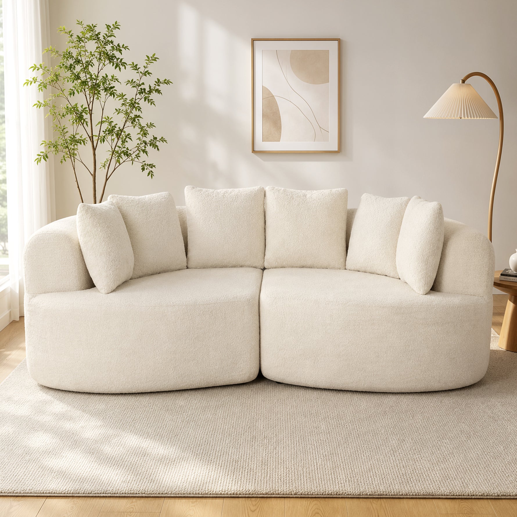 Canapé 3 Places Incurvé en Chenille 188 cm, Canapé Salon avec Assise Profonde, 6 Coussins, Rembourrage Épais, Crème