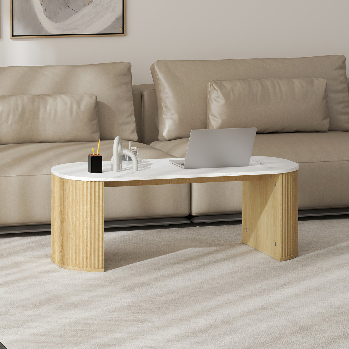 Mesa de centro ovalada, mesa auxiliar con aspecto de mármol, esquinas redondeadas y patas gruesas, 110 x 50 x 40 cm, blanco