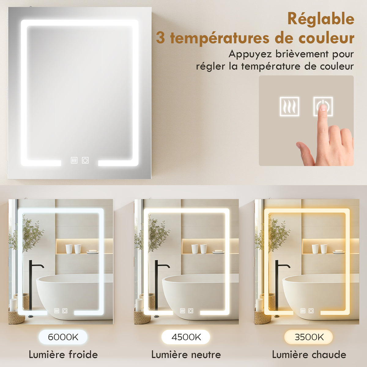 Armoire murale salle de bain avec miroir et éclairage LED, anti-buée, étagères réglables, 50 x 15 x 60 cm, blanc