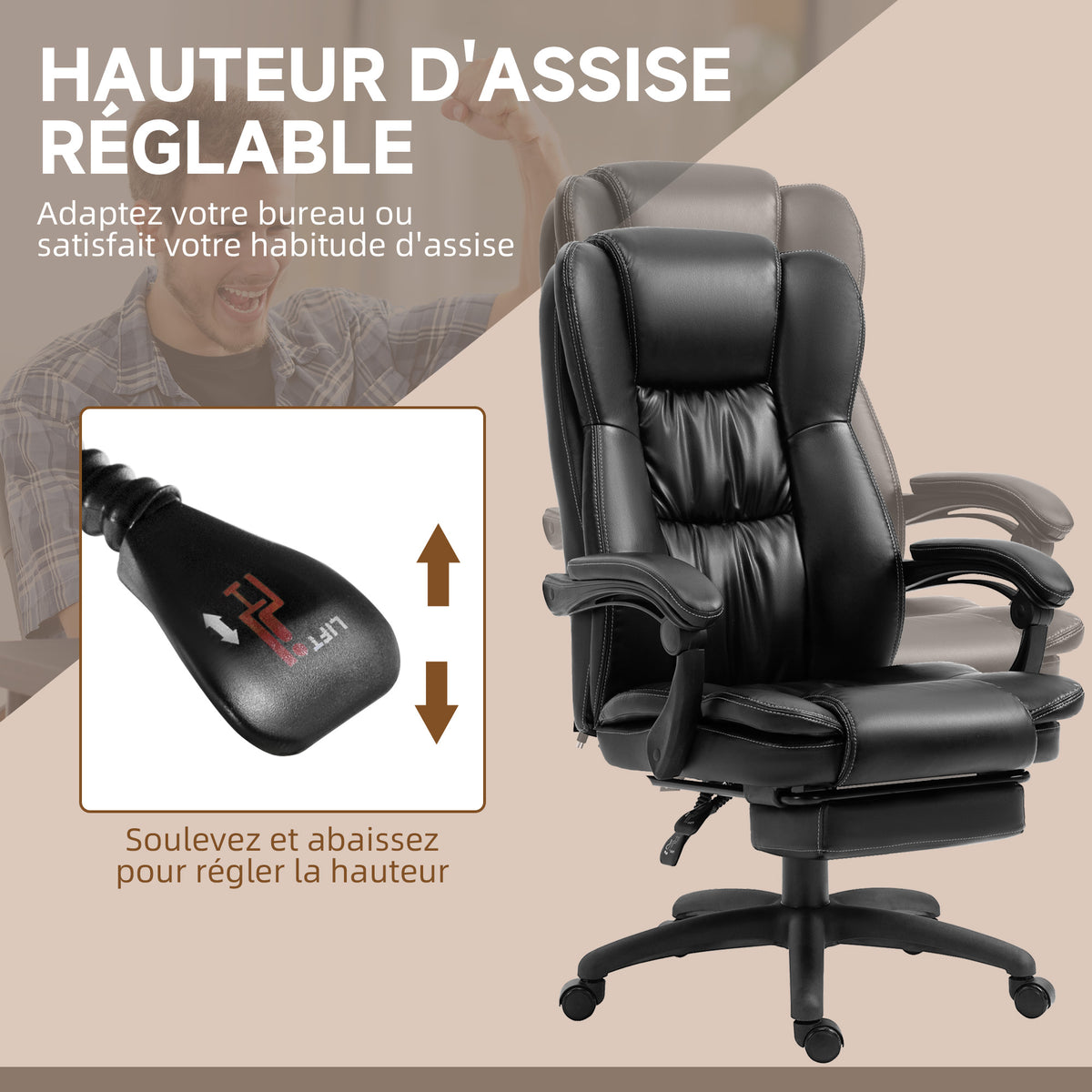 Fauteuil de bureau massant, chaise de bureau avec hauteur réglable, dossier inclinable et télécommande filaire, noir