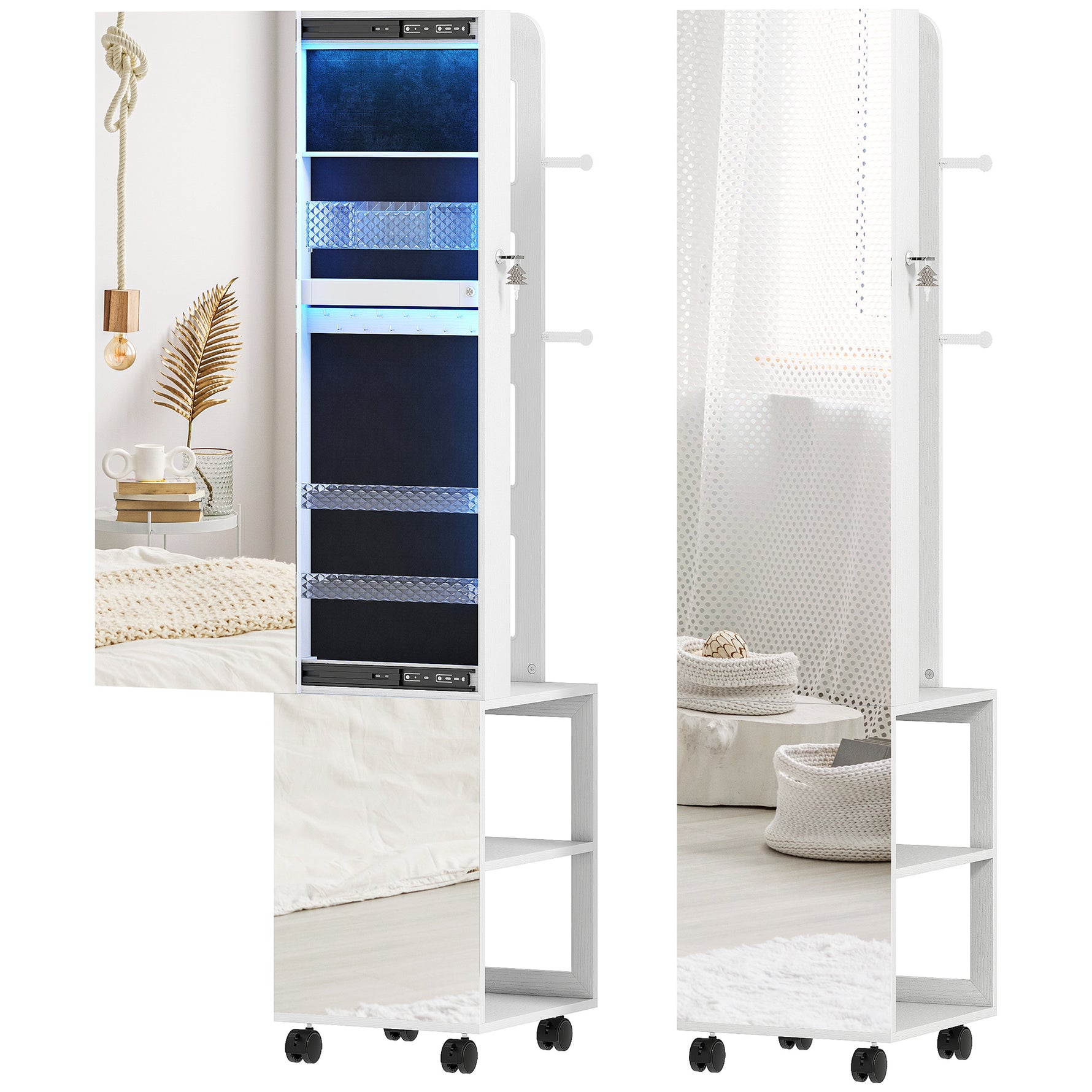 Armoire à bijoux armoire avec miroir sur pied pivotante à 360° éclairage LED 37x40x165,5cm cadre blanc, doublure noire