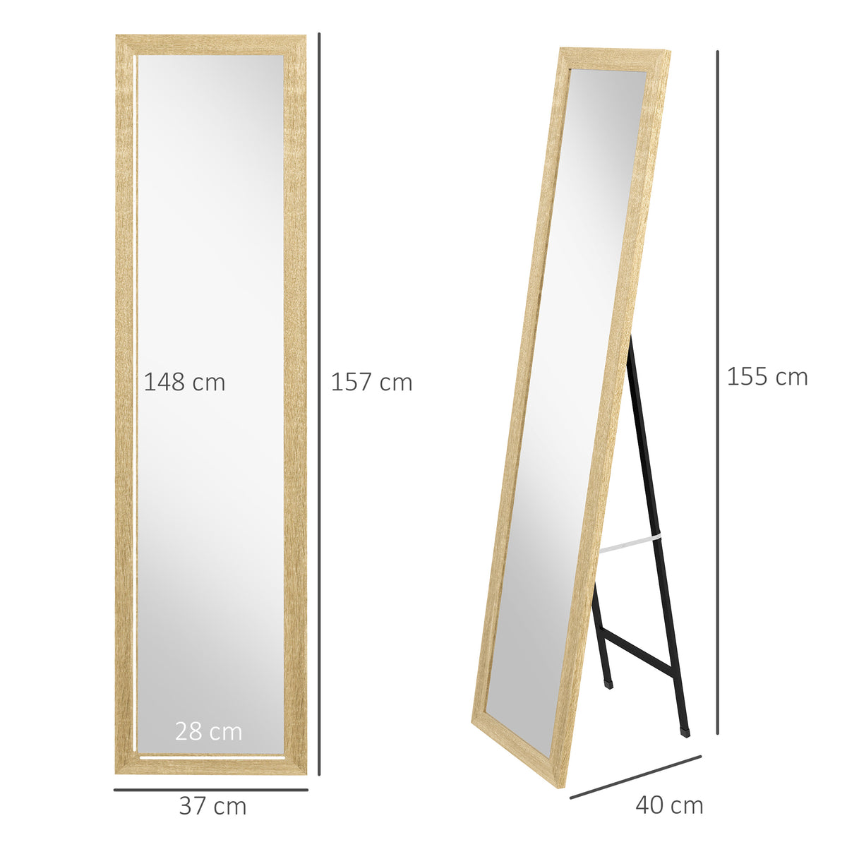 Miroir sur pied mural ou à poser rectangulaire avec cadre en bois pour salon chambre à coucher 37 x 155 cm marron clair