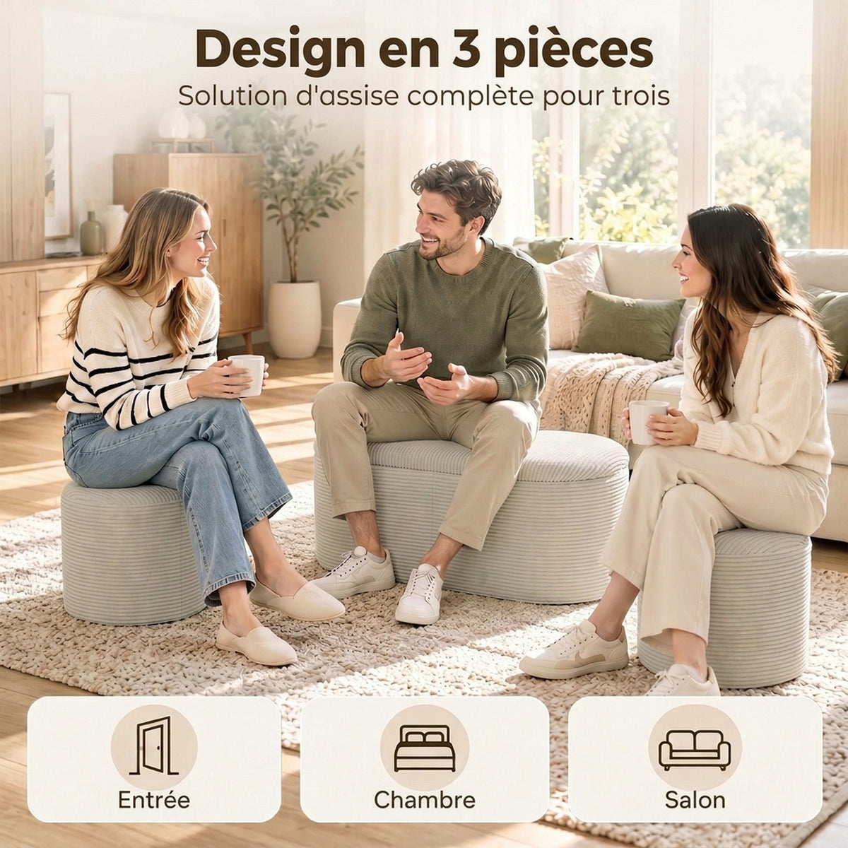 Fluwelen opbergbank, 3-in-1 poef met opbergruimte en 2 geïntegreerde krukjes, 82x43x44cm, beige