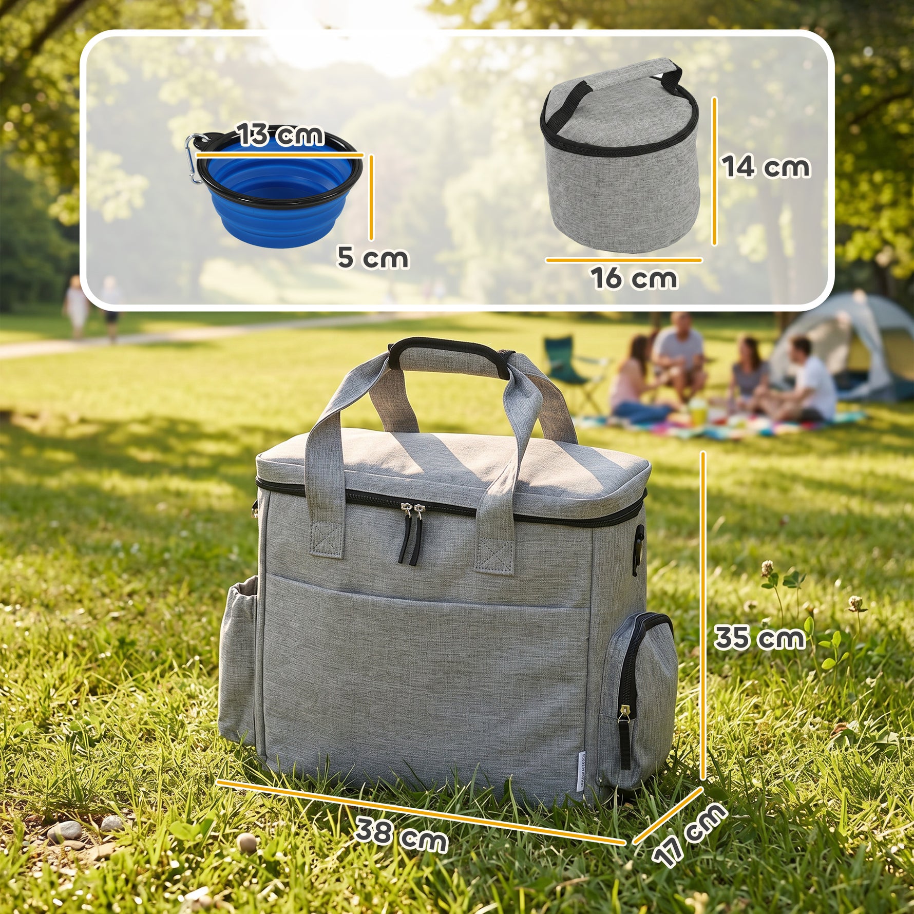 Sac de Transport pour Chien avec Poches, 2 Sacs à Nourriture, Bol Pliable, Séparateur Réglable, 38x17x35cm, Gris Clair