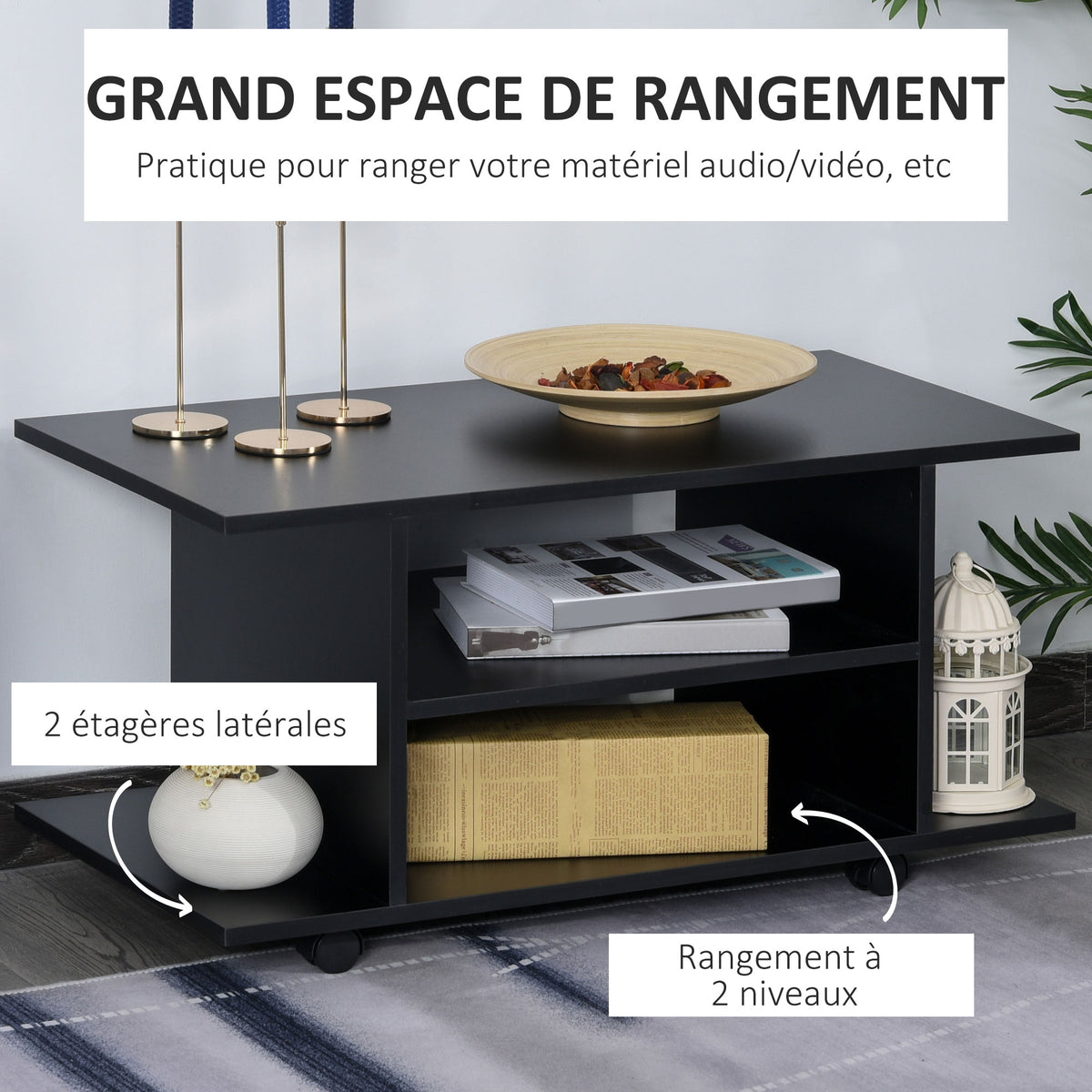 Meuble TV avec Roulettes 80 cm, Meuble Télé pour Téléviseur jusqu'à 42 Pouces avec Étagères Ouvertes, Style Moderne, Banc TV pour Salon, Chambre, Noir