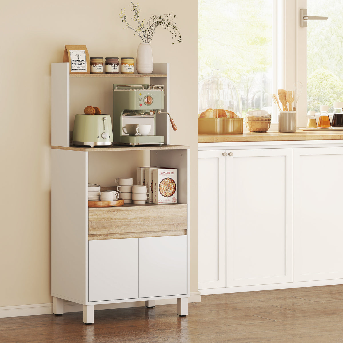 Meuble micro onde, buffet cuisine avec placard tiroir étagère supérieur, 60 x 40 x 131 cm chêne et blanc