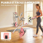 Vélo d'Appartement Pliable 4-en-1 - Ergomètre Magnétique Silencieux avec Cordes de Résistance - Sport Maison et Cardio-training avec Roulettes, Selle Confort et LCD (Max 120kg), Rose